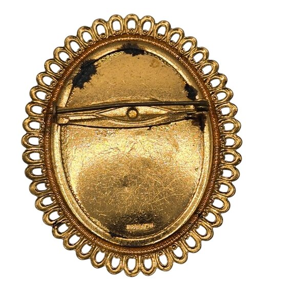 VTG Brooch Gold Tone Black Enamel Floral Cameo Antique Renaissance Granny Pin - Picture 3 of 10